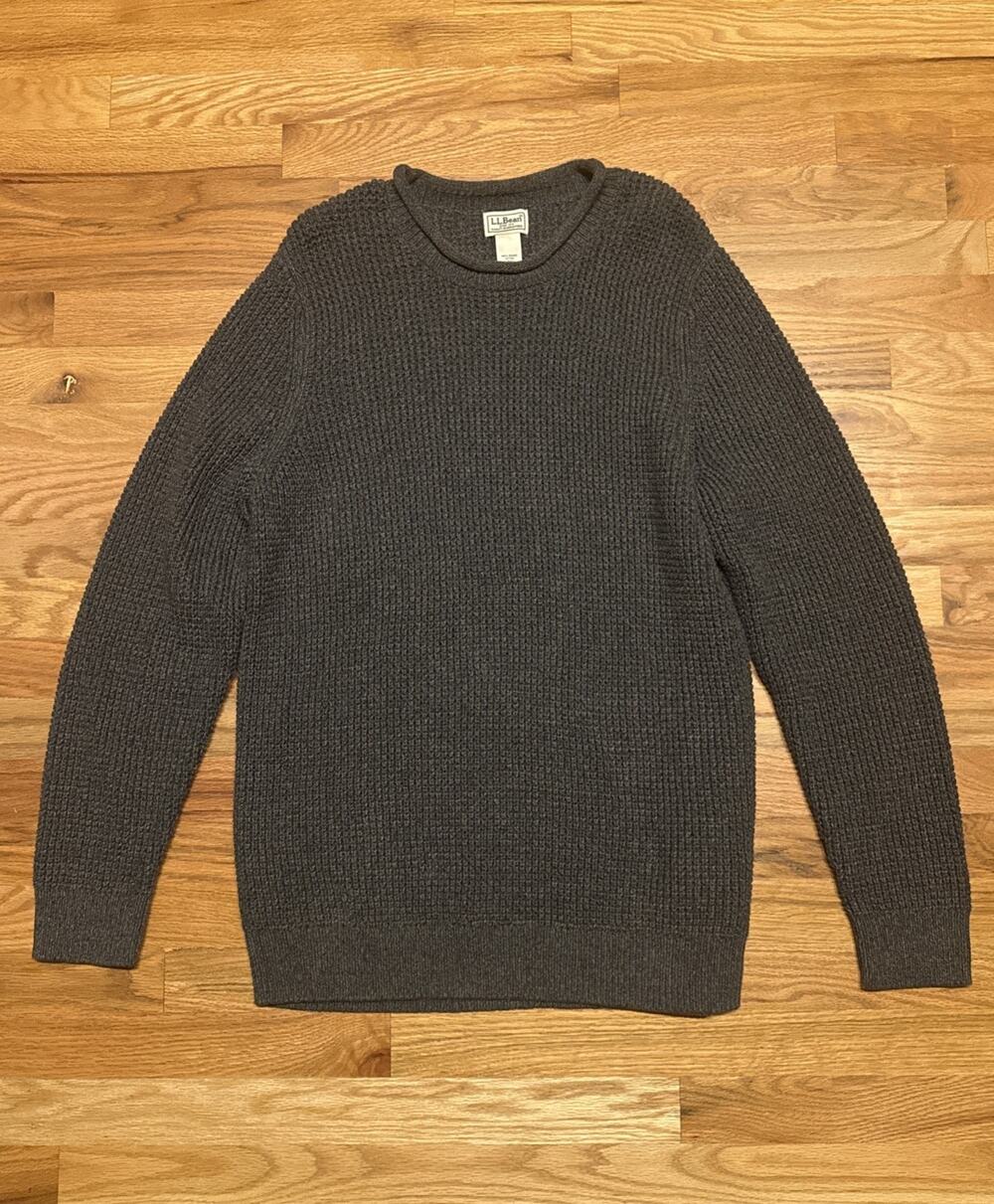 LL Bean Sweater Mens LG-TALL Grey Organic Cotton Waffle Knit Rolled Crew Neck